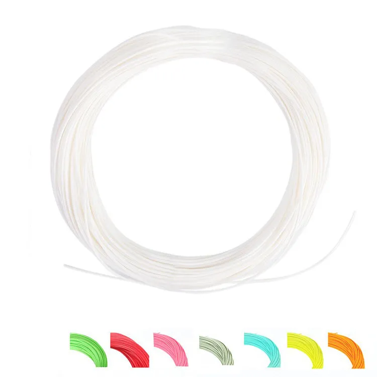 Floating fly fishing line in fluorescent yellow on a dark background showing 100ft length and nylon construction