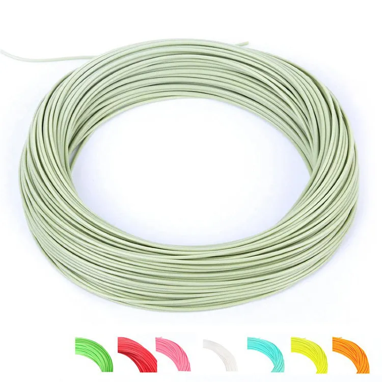 Floating fly fishing line in fluorescent yellow on a dark background showing 100ft length and nylon construction