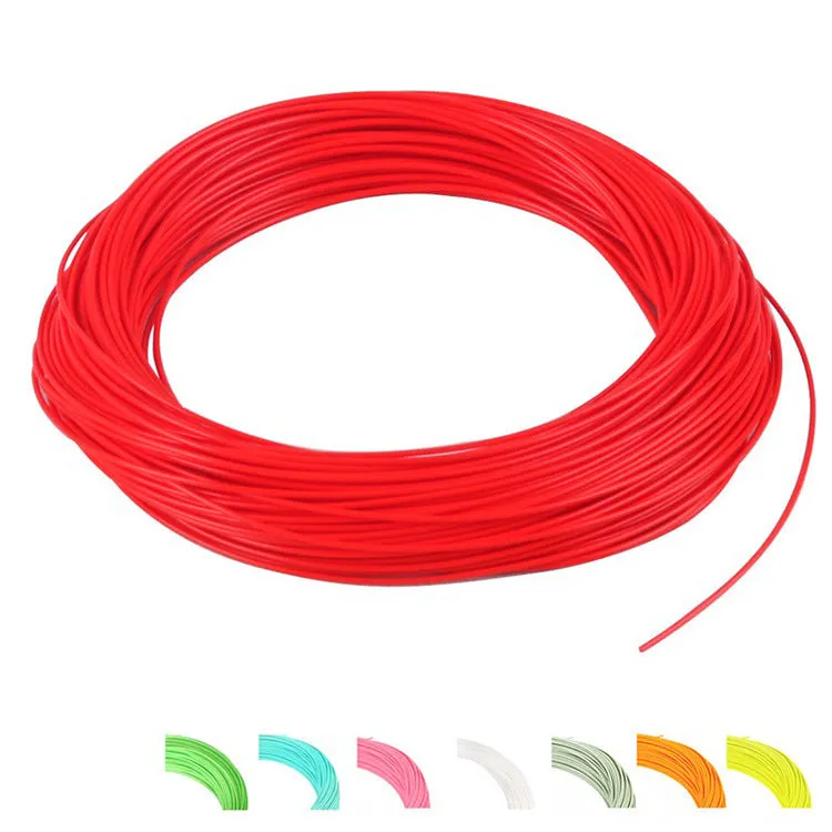 Floating fly fishing line in fluorescent yellow on a dark background showing 100ft length and nylon construction