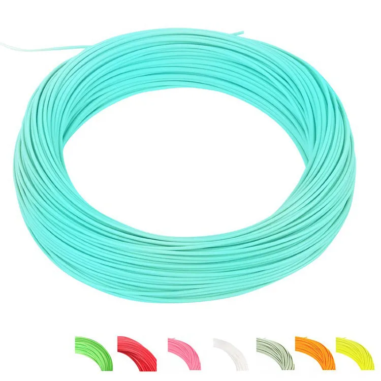 Floating fly fishing line in fluorescent yellow on a dark background showing 100ft length and nylon construction