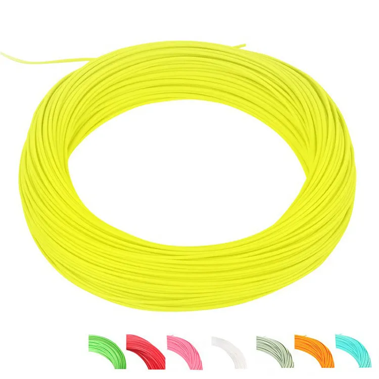 Floating fly fishing line in fluorescent yellow on a dark background showing 100ft length and nylon construction