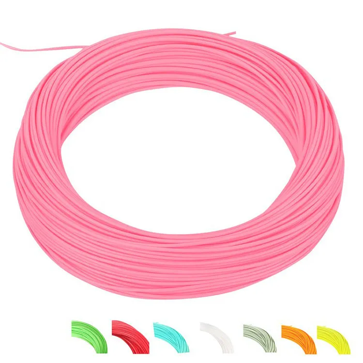 Floating fly fishing line in fluorescent yellow on a dark background showing 100ft length and nylon construction