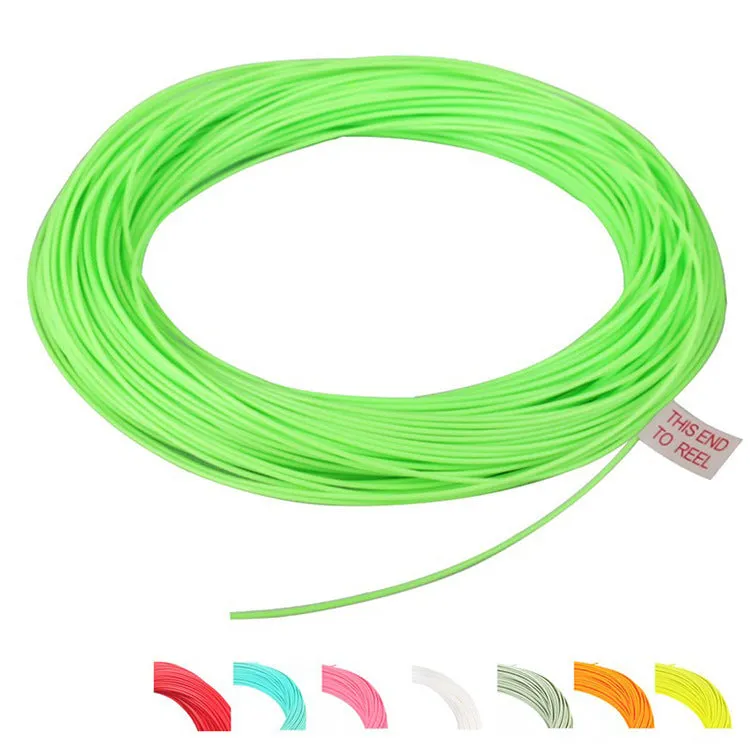 Floating fly fishing line in fluorescent yellow on a dark background showing 100ft length and nylon construction