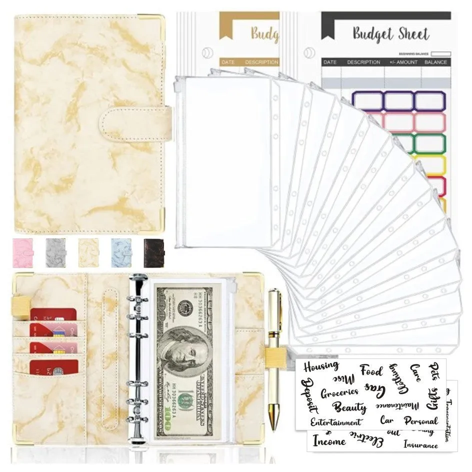 A6 loose-leaf binder journal with marbling leather PU cover, open to show budget sheets and zip pockets