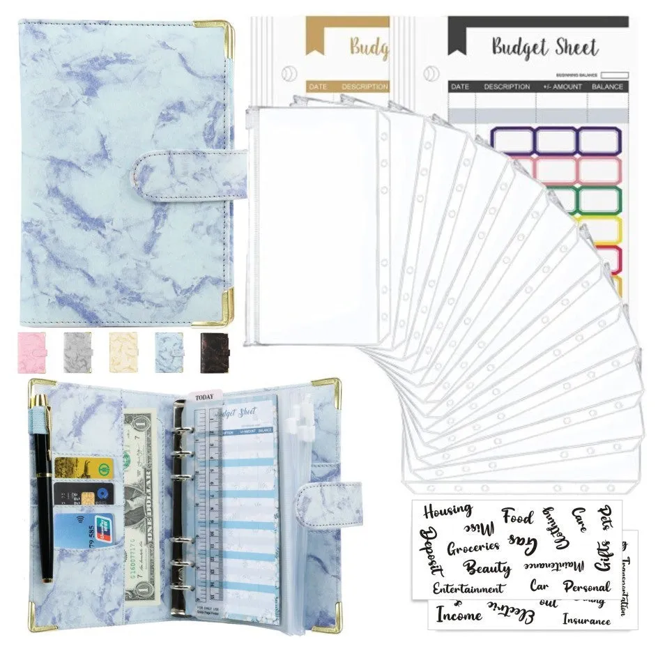 A6 loose-leaf binder journal with marbling leather PU cover, open to show budget sheets and zip pockets