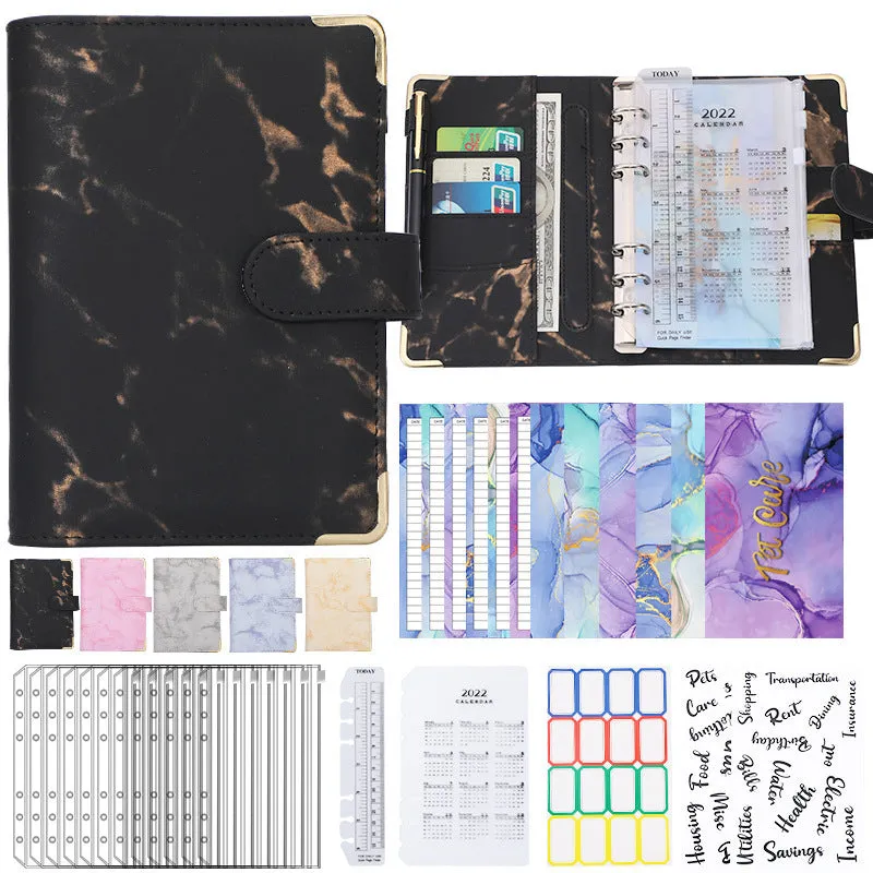 A6 loose-leaf binder journal with marbling leather PU cover, open to show budget sheets and zip pockets