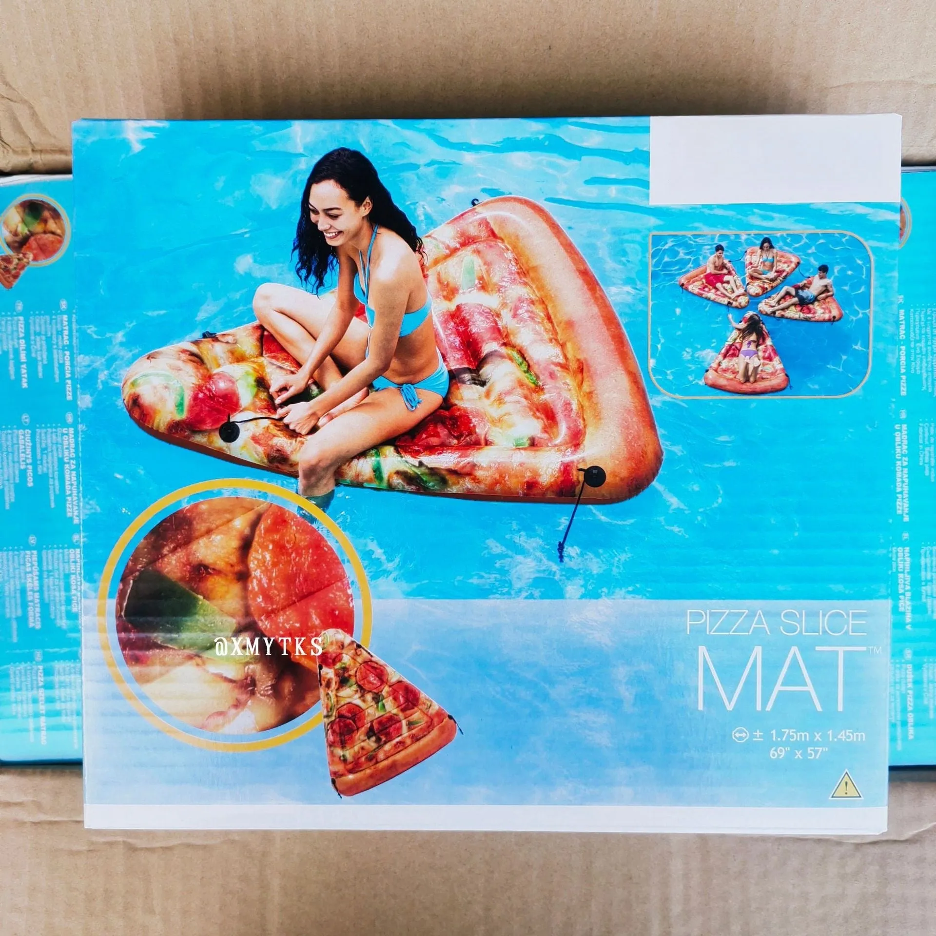 Large inflatable pizza-themed surfboard float for pools and beaches