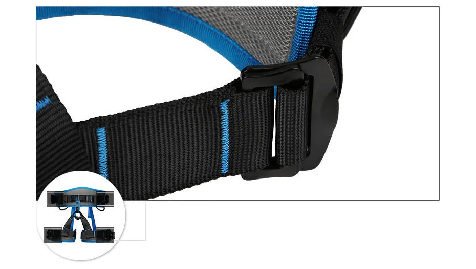 Outdoor climbing belt in orange with adjustable waist and leg rings made from polyester reinforced yarn