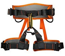 Outdoor climbing belt in orange with adjustable waist and leg rings made from polyester reinforced yarn