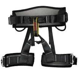 Outdoor climbing belt in orange with adjustable waist and leg rings made from polyester reinforced yarn
