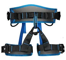 Outdoor climbing belt in orange with adjustable waist and leg rings made from polyester reinforced yarn