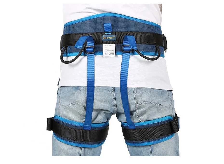 Outdoor climbing belt in orange with adjustable waist and leg rings made from polyester reinforced yarn