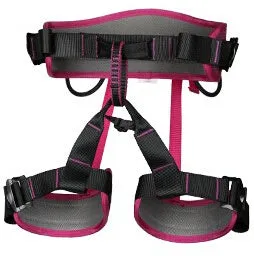 Outdoor climbing belt in orange with adjustable waist and leg rings made from polyester reinforced yarn
