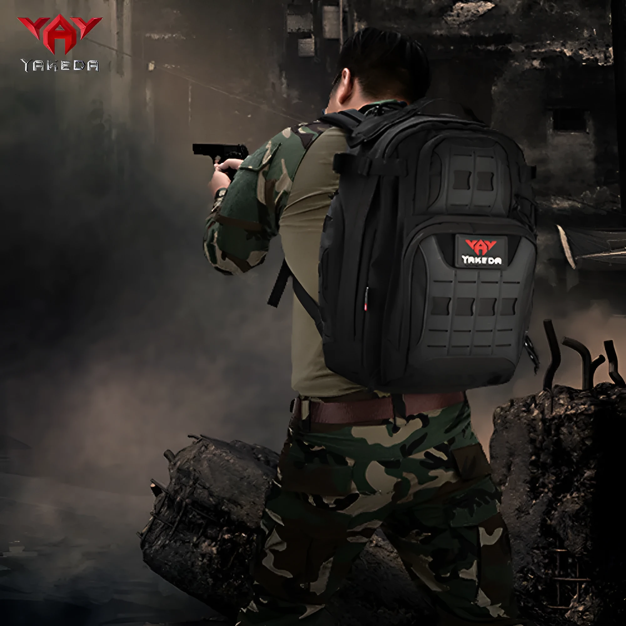 45L camouflage tactical backpack in khaki, 42L capacity, 600D polyester, outdoor travel and climbing use