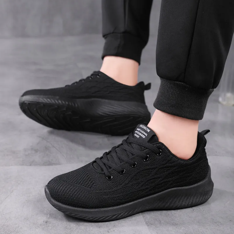 Men's lightweight mesh and PVC casual sports shoes in black, breathable for everyday wear