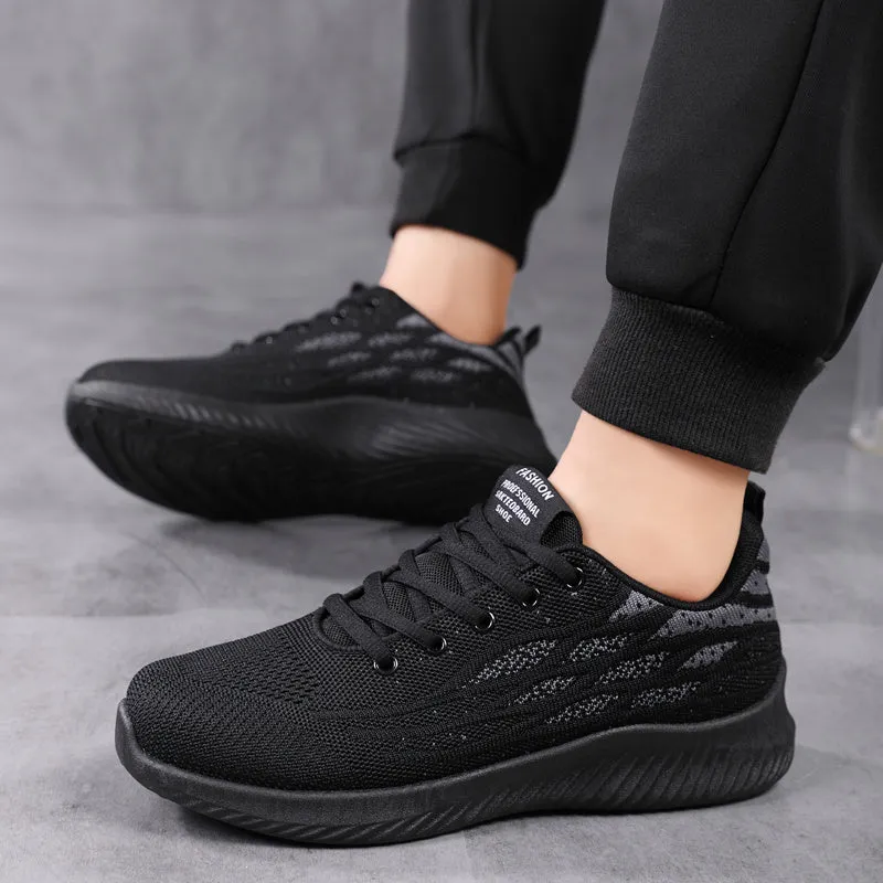 Men's lightweight mesh and PVC casual sports shoes in black, breathable for everyday wear