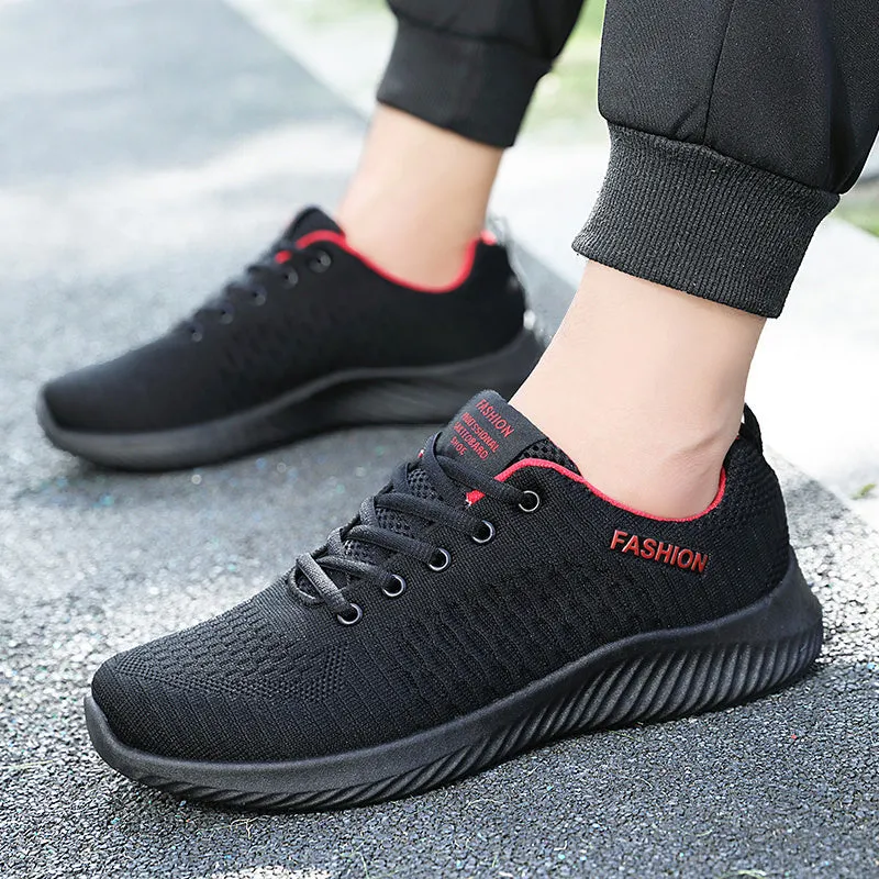 Men's lightweight mesh and PVC casual sports shoes in black, breathable for everyday wear