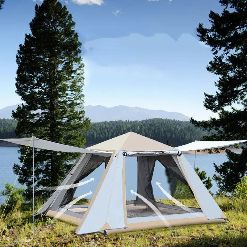 Fully automatic quick-open double-layer camping tent with aluminum poles, sunscreen fabric, and anti-mosquito mesh, in white.