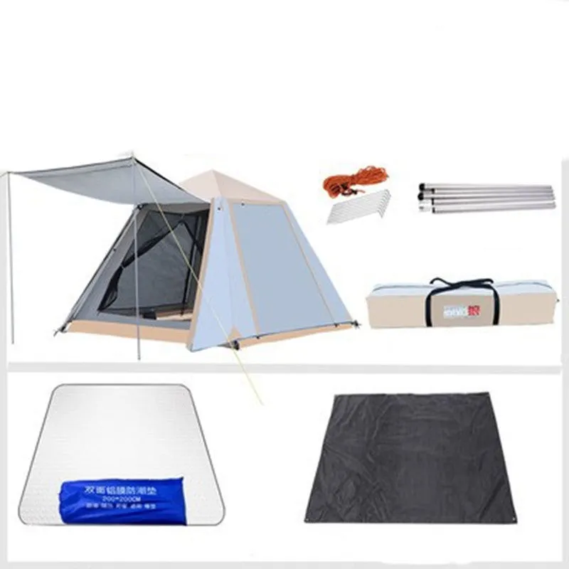 Fully automatic quick-open double-layer camping tent with aluminum poles, sunscreen fabric, and anti-mosquito mesh, in white.