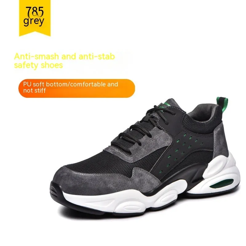 Black labour insurance shoes with mesh breathable upper and PU soft sole for industrial safety