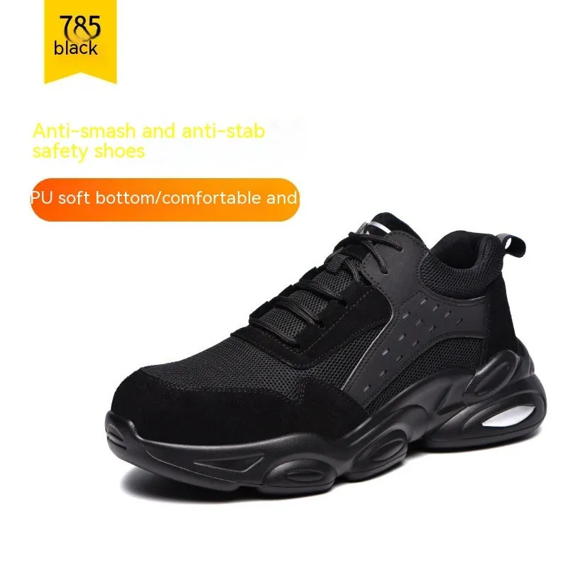 Black labour insurance shoes with mesh breathable upper and PU soft sole for industrial safety