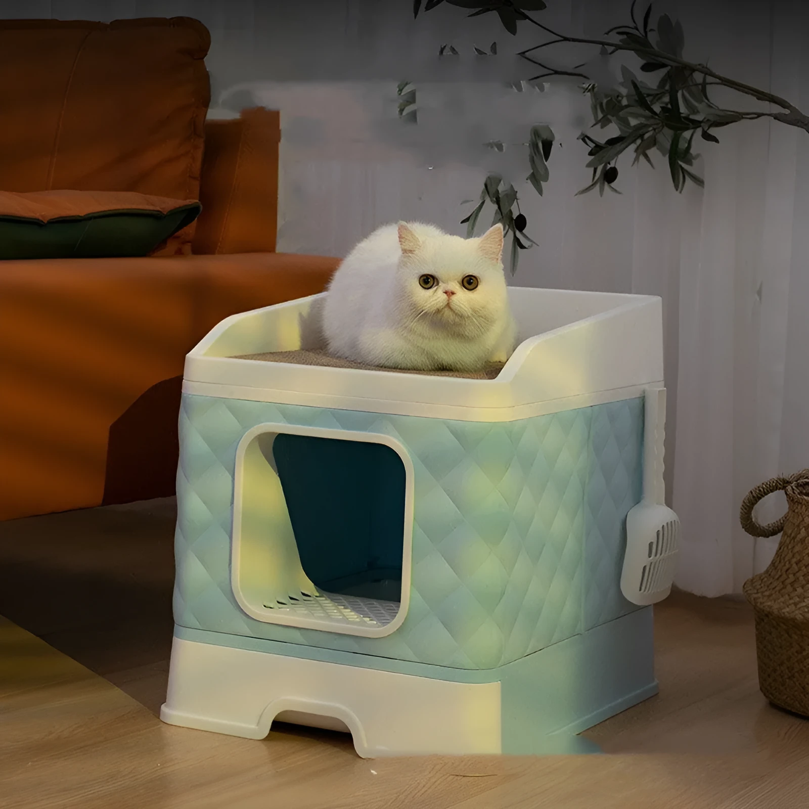 Pet cat nest with removable washable cover and cat scratching board in light blue