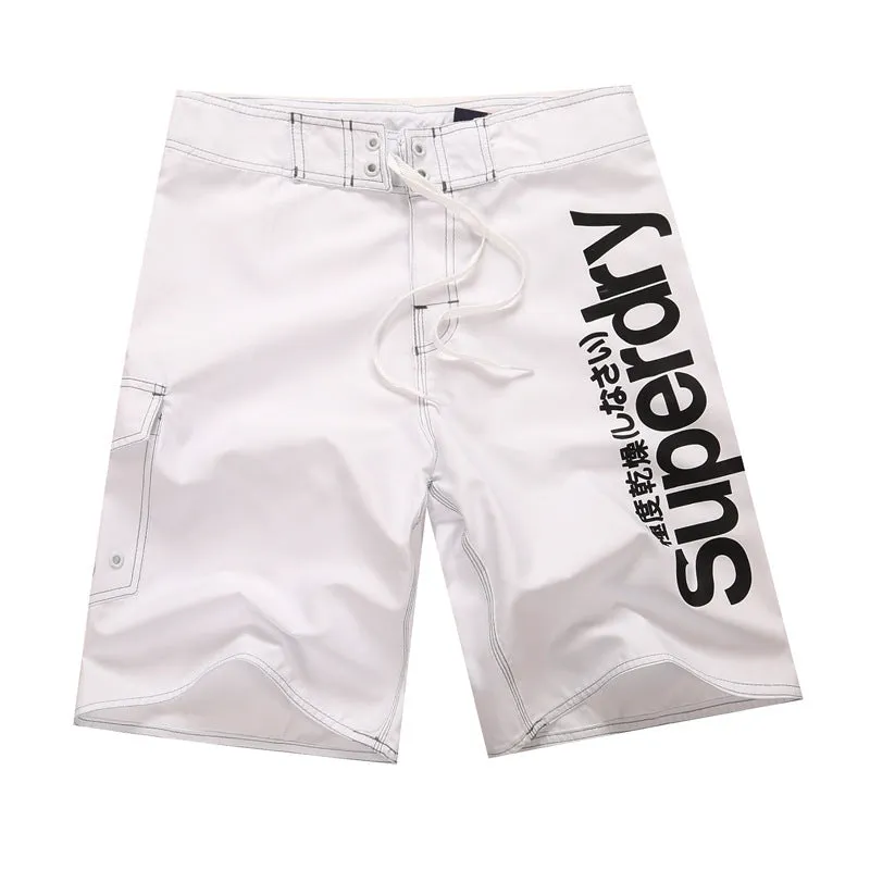 Men's striped polyester beach shorts in blue front view
