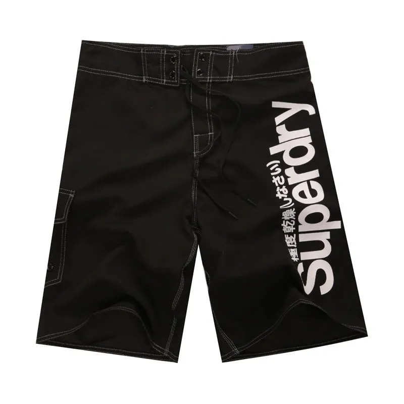 Men's striped polyester beach shorts in blue front view