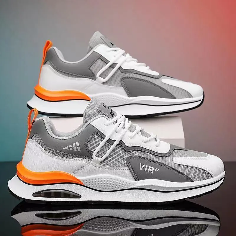 Men's grey mesh running shoes with round toe and lightweight sole for jogging