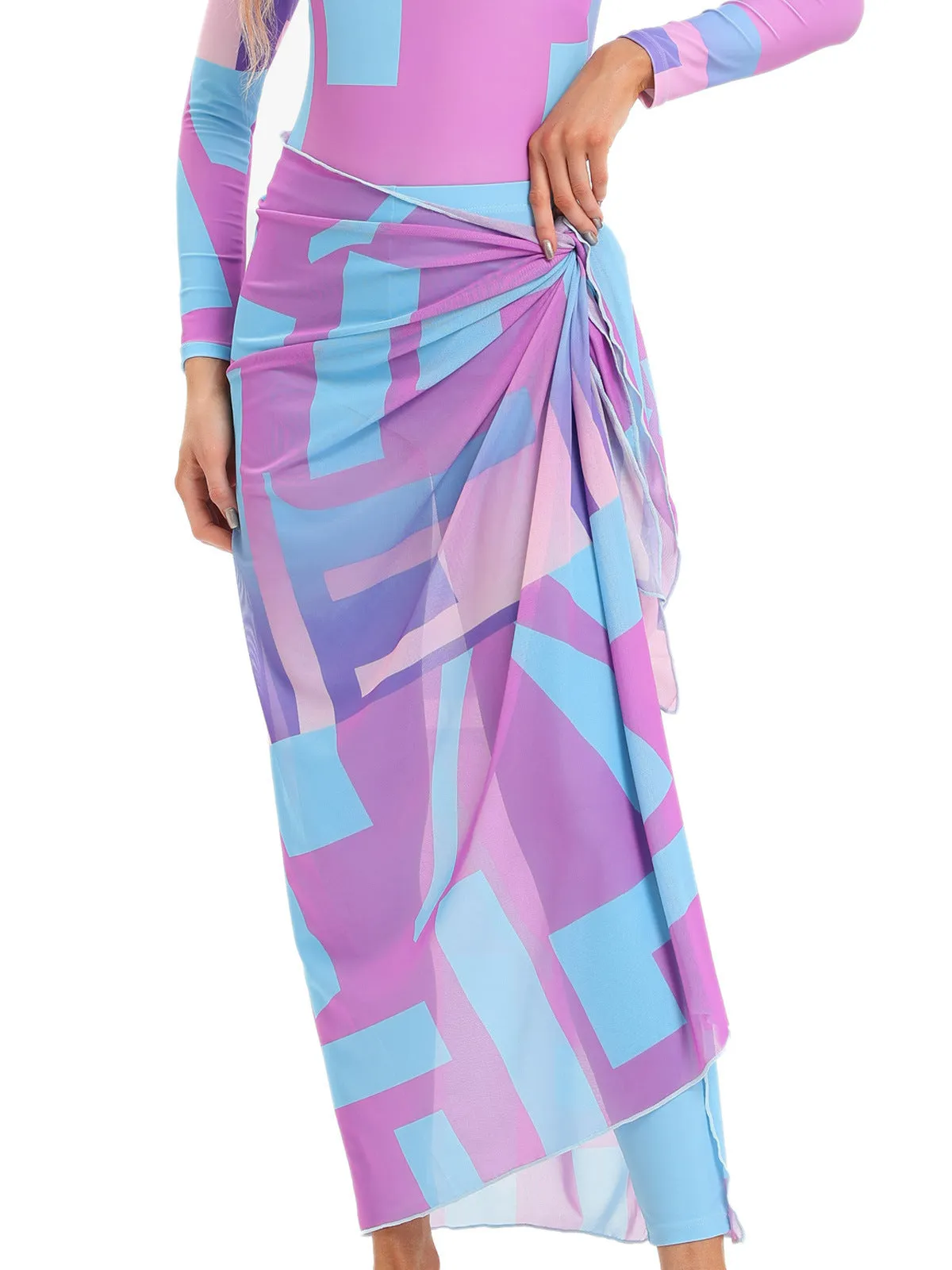 Conservative Muslim print beach swimsuit three-piece set with matching apron in polyester fabric
