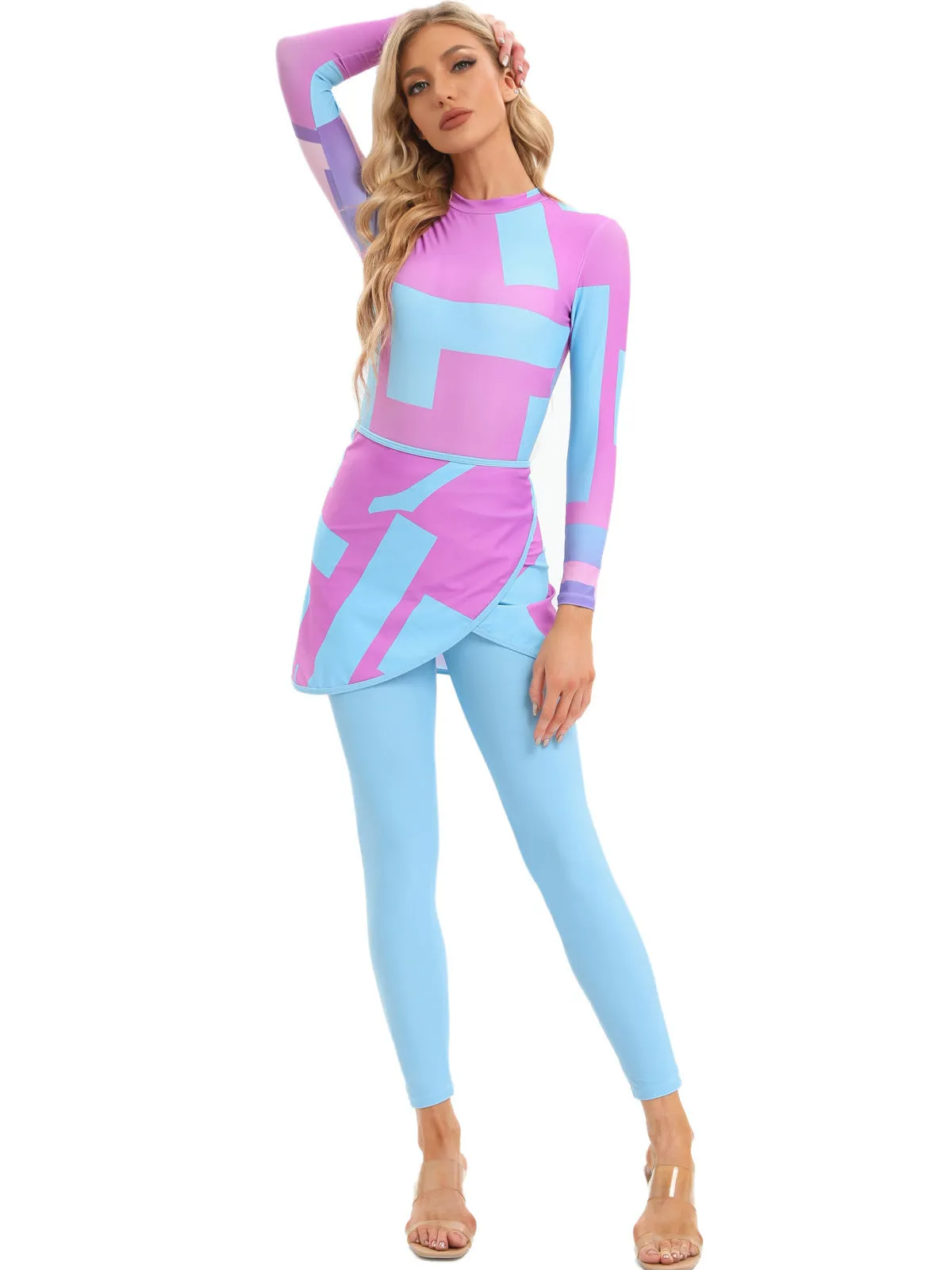 Conservative Muslim print beach swimsuit three-piece set with matching apron in polyester fabric