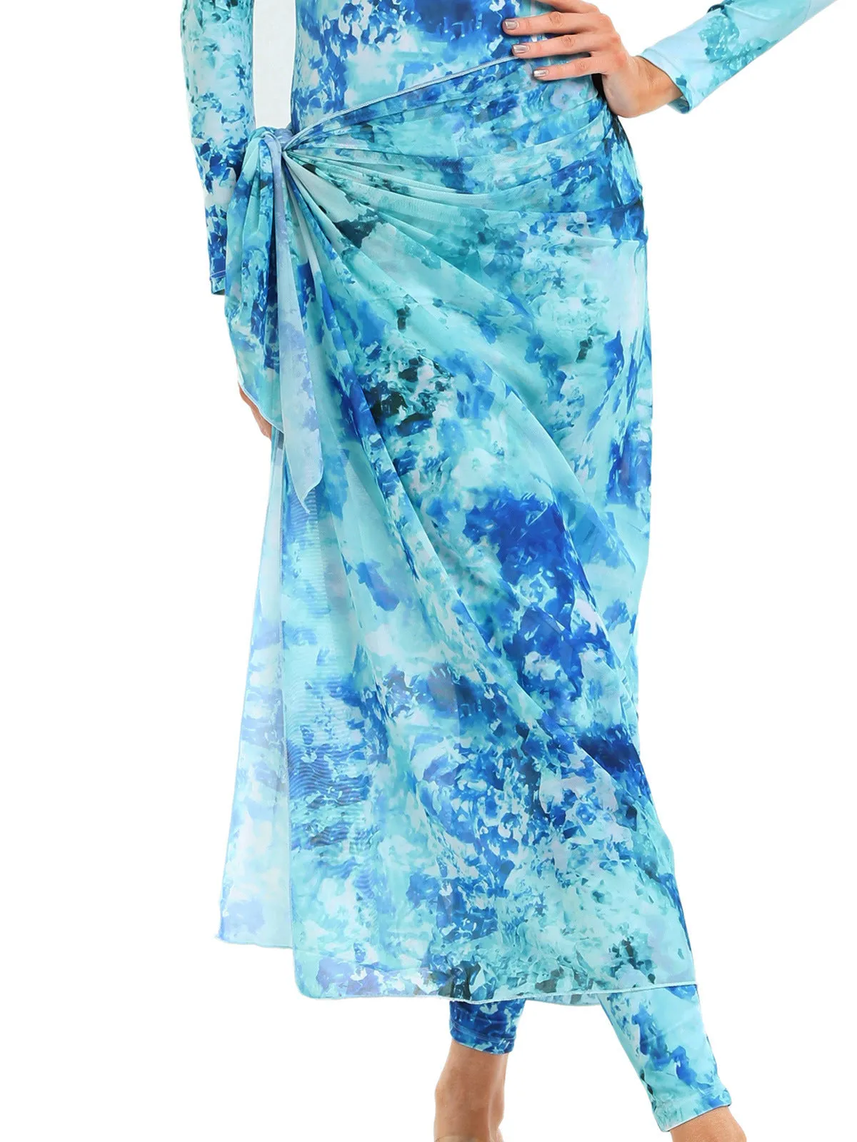Conservative Muslim print beach swimsuit three-piece set with matching apron in polyester fabric