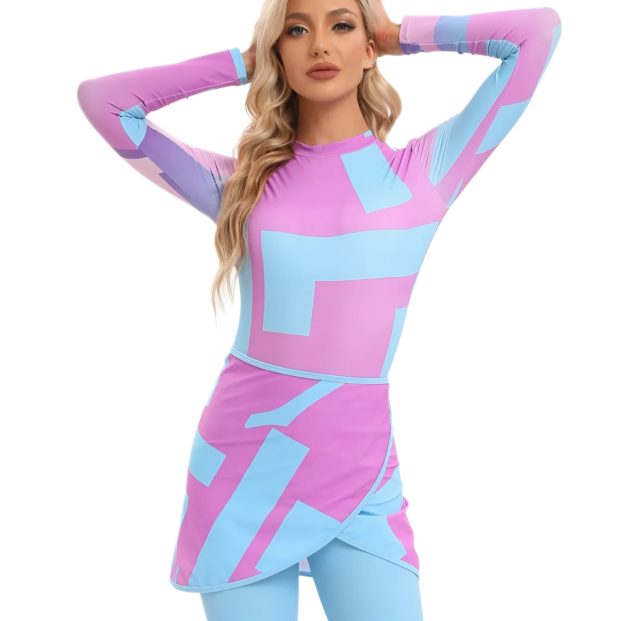 Conservative Muslim print beach swimsuit three-piece set with matching apron in polyester fabric