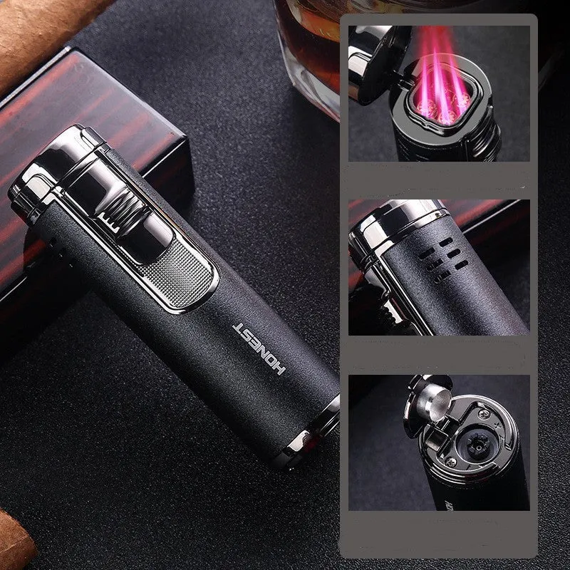 Cylindrical zinc alloy refillable cigar lighter with four-straight flame in silver colour