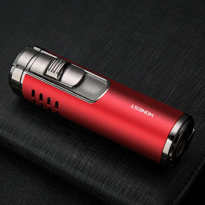 Cylindrical zinc alloy refillable cigar lighter with four-straight flame in silver colour