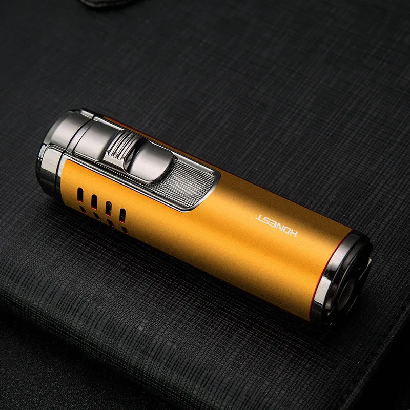 Cylindrical zinc alloy refillable cigar lighter with four-straight flame in silver colour