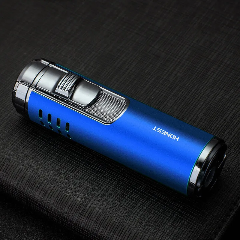 Cylindrical zinc alloy refillable cigar lighter with four-straight flame in silver colour