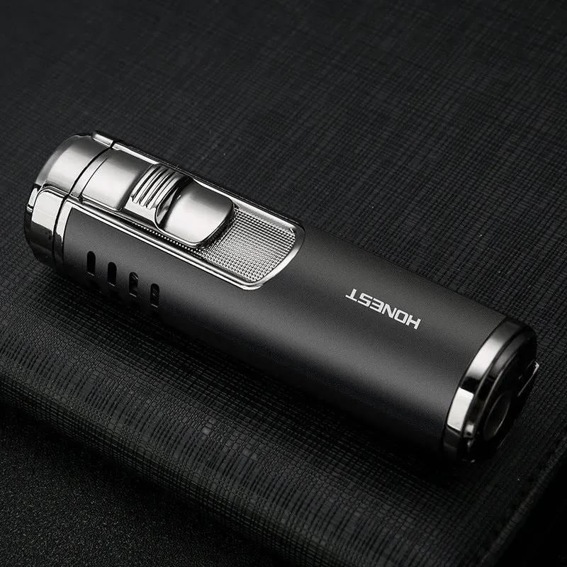 Cylindrical zinc alloy refillable cigar lighter with four-straight flame in silver colour