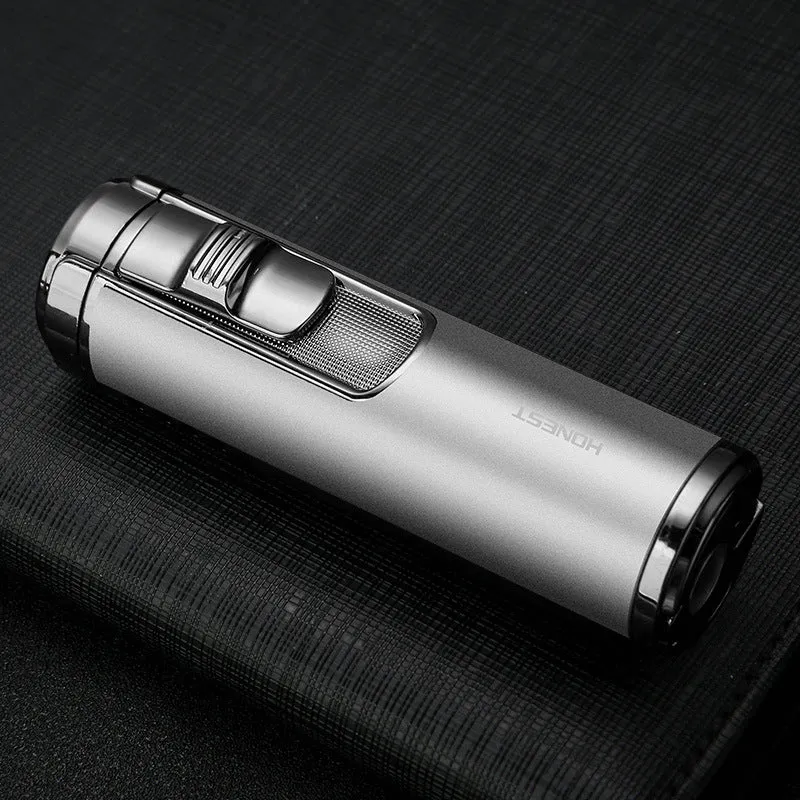 Cylindrical zinc alloy refillable cigar lighter with four-straight flame in silver colour