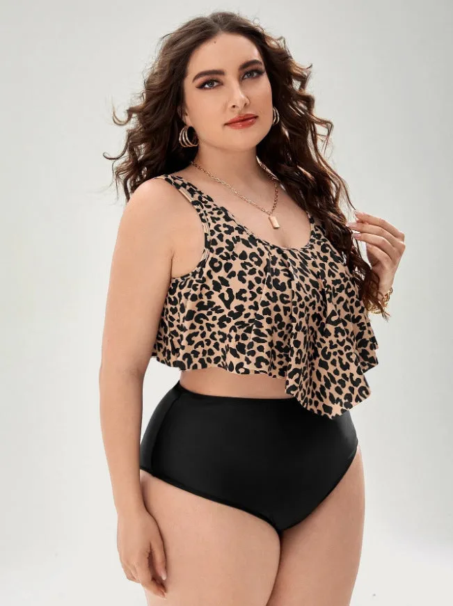 Plus size leopard print bikini swimsuit in graph colour with chest pad top and pants