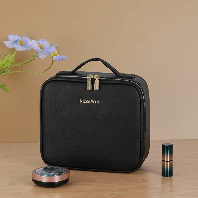 Large-capacity polyurethane leather cosmetics storage bag with LED lamp ring and mirror, 26x23x11cm