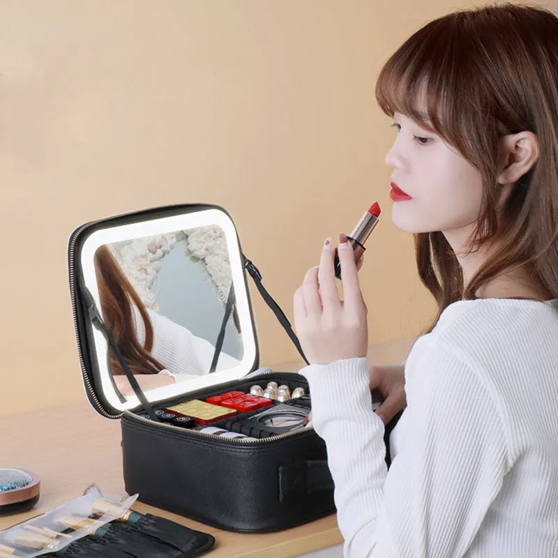 Large-capacity polyurethane leather cosmetics storage bag with LED lamp ring and mirror, 26x23x11cm