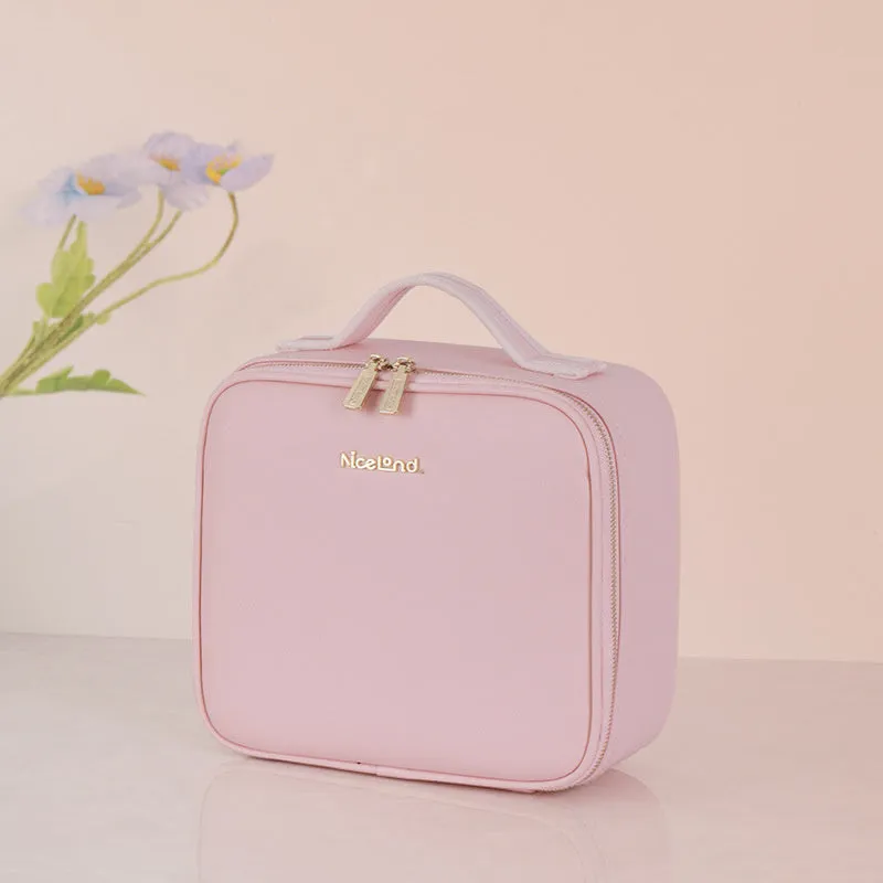 Large-capacity polyurethane leather cosmetics storage bag with LED lamp ring and mirror, 26x23x11cm