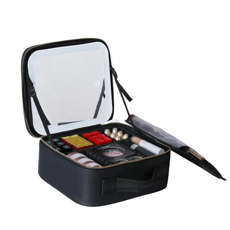 Large-capacity polyurethane leather cosmetics storage bag with LED lamp ring and mirror, 26x23x11cm
