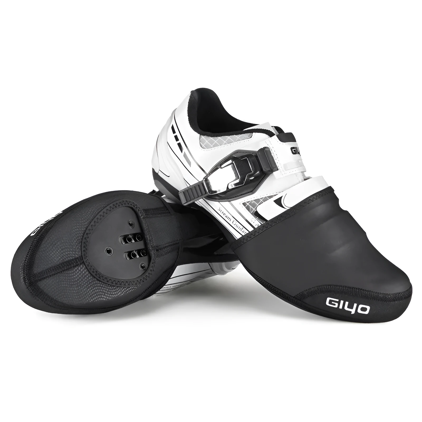 GIYO half palm shoe cover in black, side view showing self-locking band and forefoot coverage for cycling