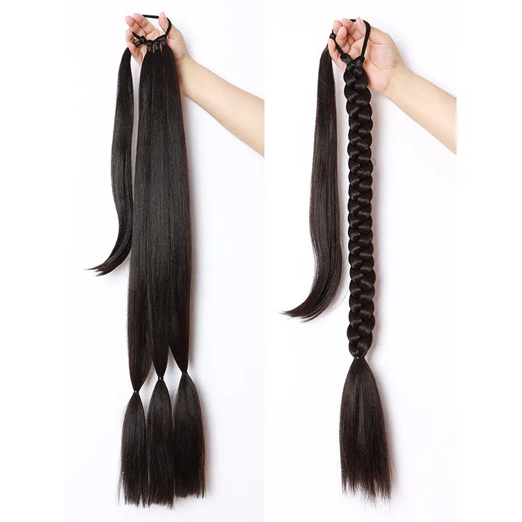Winding ponytail wig in brown black, high-temperature fibre, non-hot dyed, on a stand.