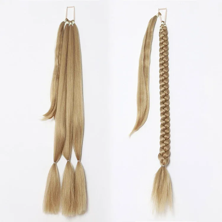Winding ponytail wig in brown black, high-temperature fibre, non-hot dyed, on a stand.