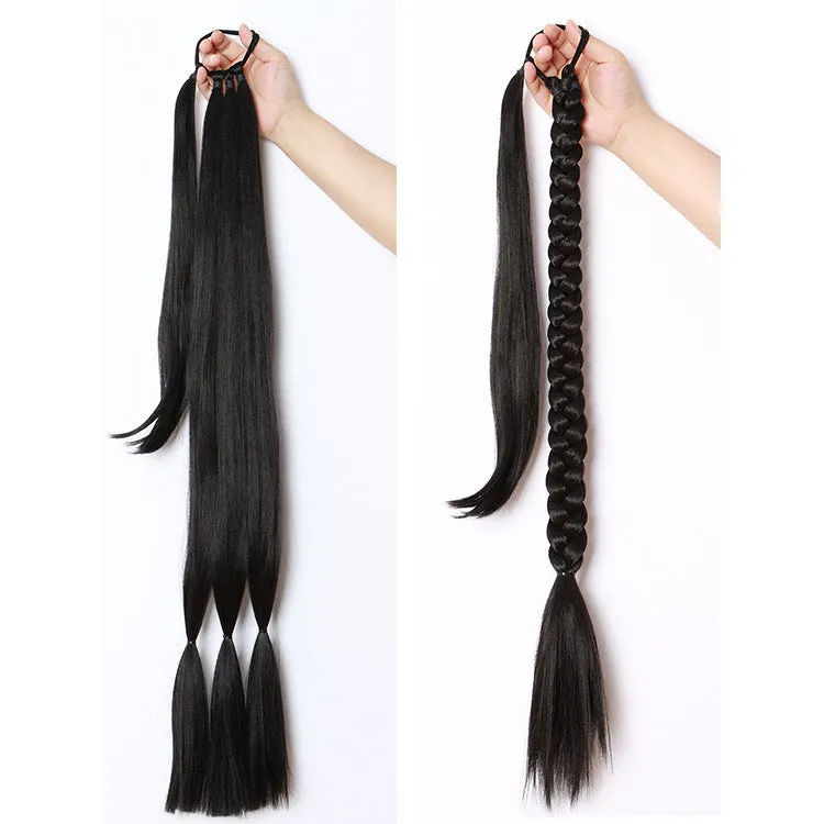 Winding ponytail wig in brown black, high-temperature fibre, non-hot dyed, on a stand.