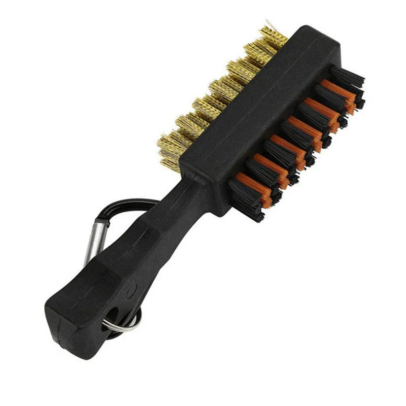 Golf club double-sided brush with nylon and steel wire bristles for cleaning ball head grooves