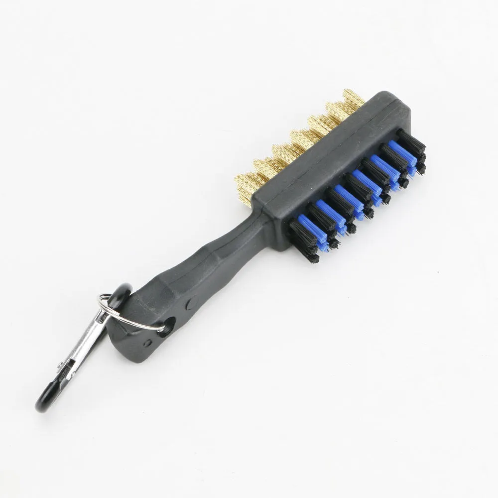 Golf club double-sided brush with nylon and steel wire bristles for cleaning ball head grooves